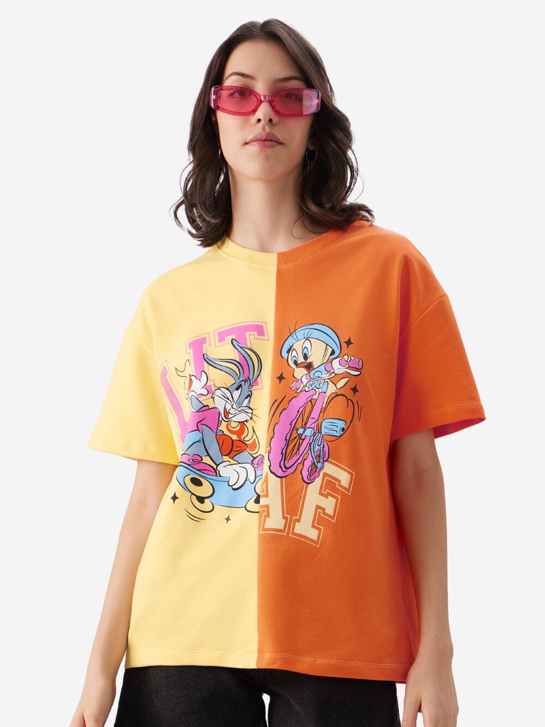 

The Souled Store Looney Tunes: Lit Af Graphic Printed Round Neck Pure Cotton T-shirt, Yellow