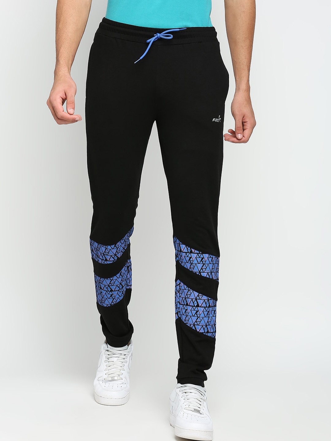

FiTZ Men Printed Cotton Mid-Rise Track Pants, Black