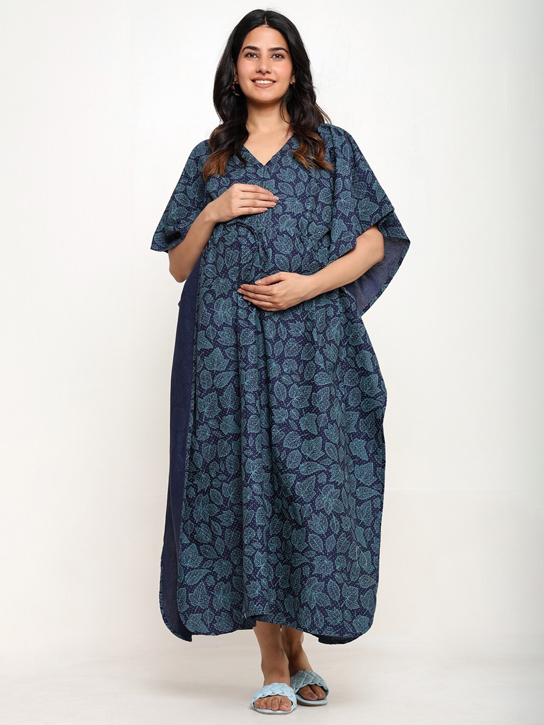 

CRAFTBAZAR Floral Print Flared Sleeve Maternity Kaftan Maxi Dress, Blue