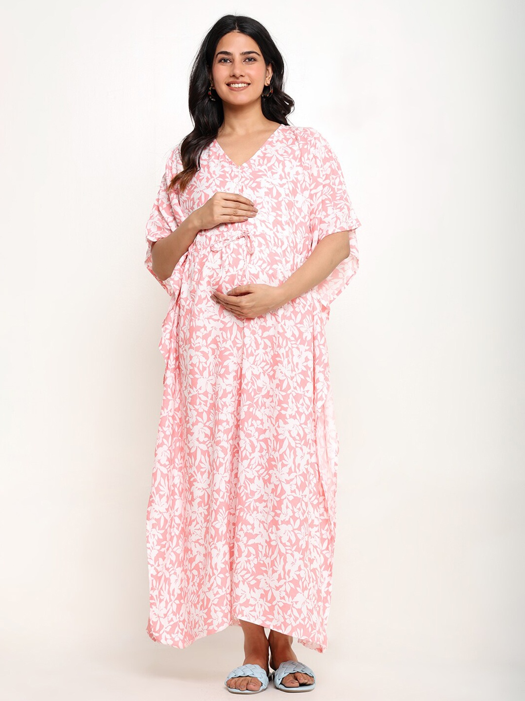 

CRAFTBAZAR Floral Print V-Neck Flared Sleeve Maternity Kaftan Maxi Dress, Pink