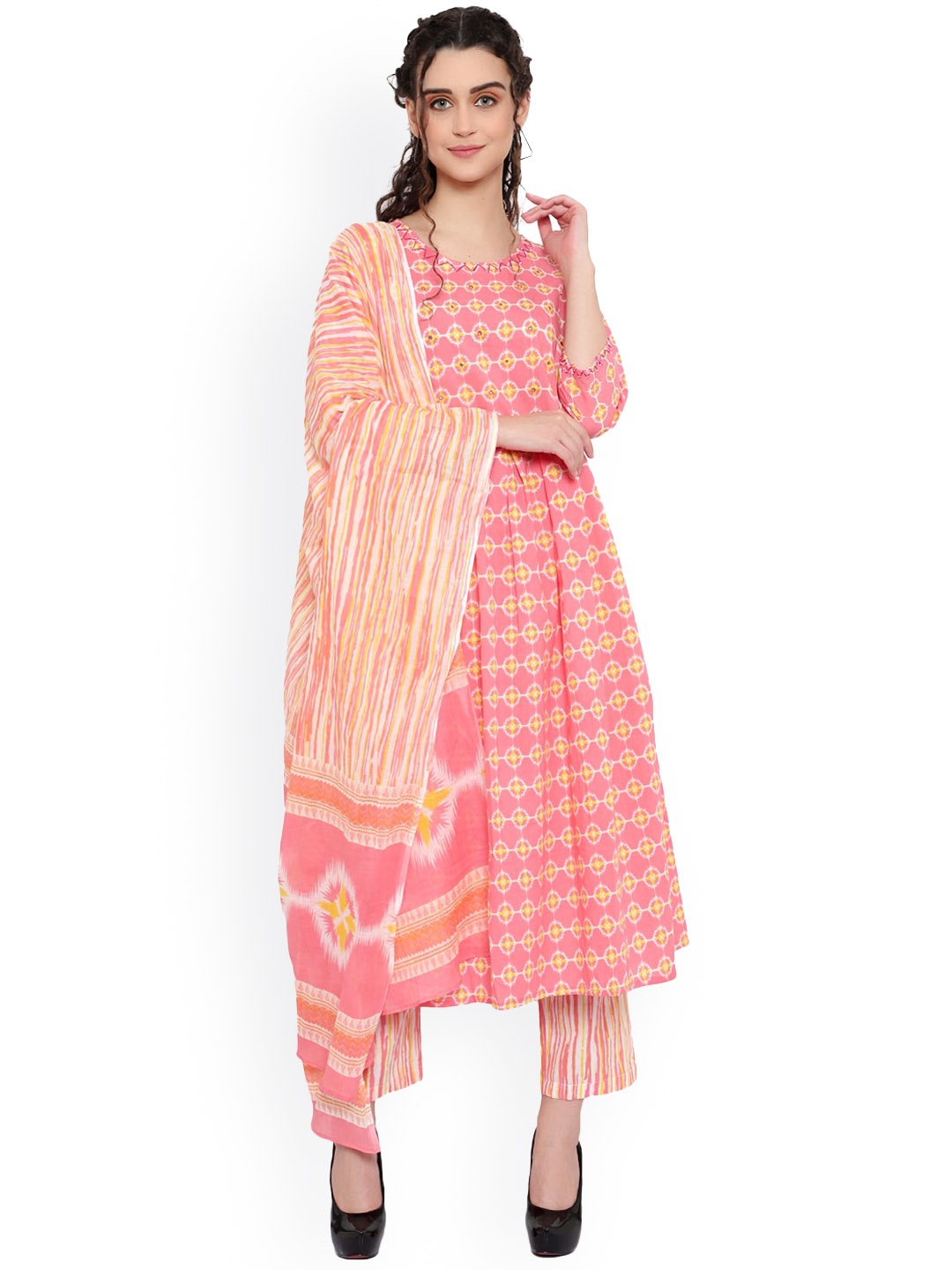 

Alakh Creation Ethnic Printed Regular Mirror Work Cotton Kurta With Trousers & Dupatta, Peach