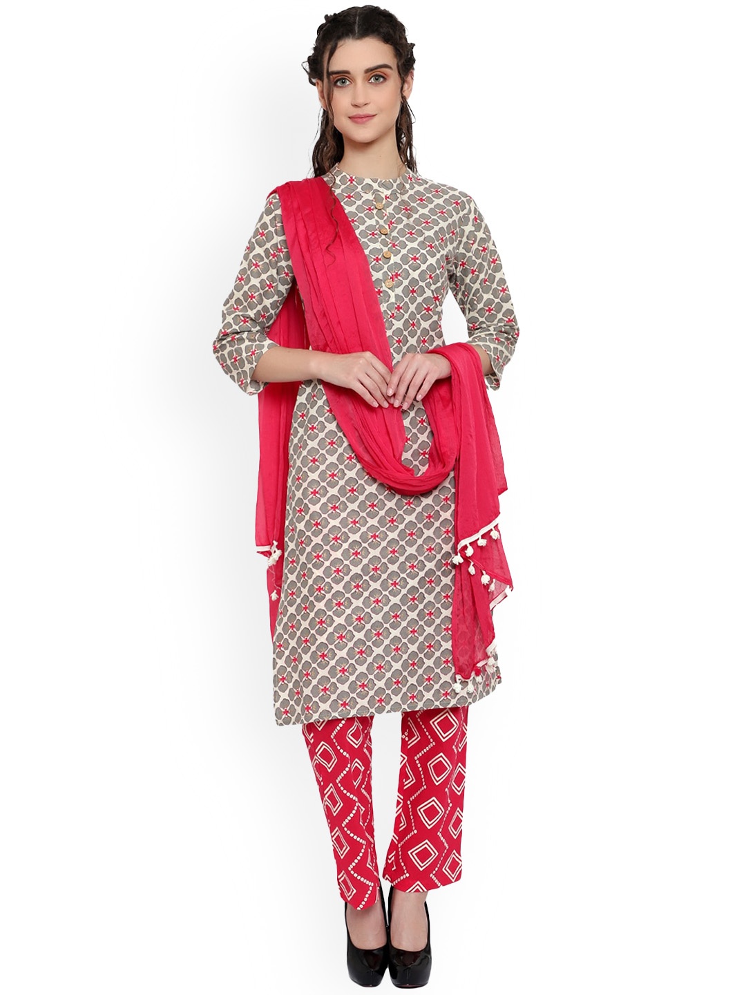 

Alakh Creation Floral Printed Regular Pure Cotton Kurta With Trousers & Dupatta, Off white