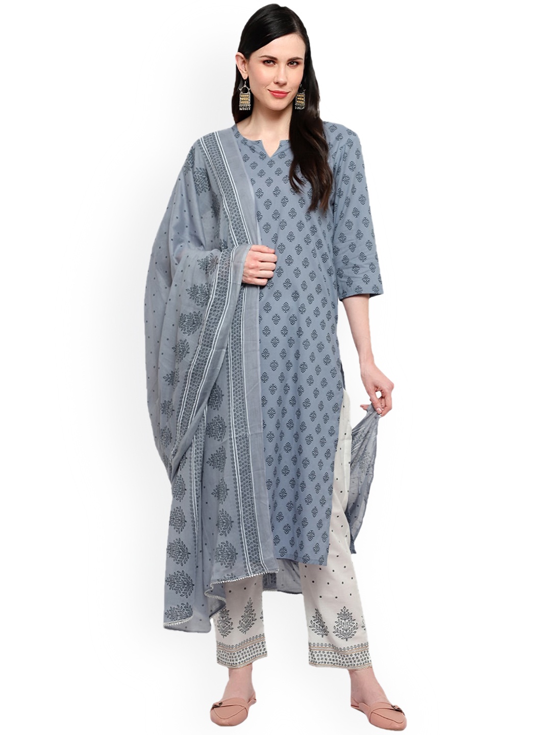 

Alakh Creation Floral Printed Regular Gotta Patti Cotton Kurta With Trousers & Dupatta, Grey