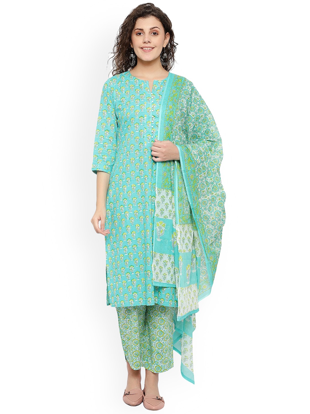 

Alakh Creation Floral Printed Regular Pure Cotton Kurta With Trousers & Dupatta, Green