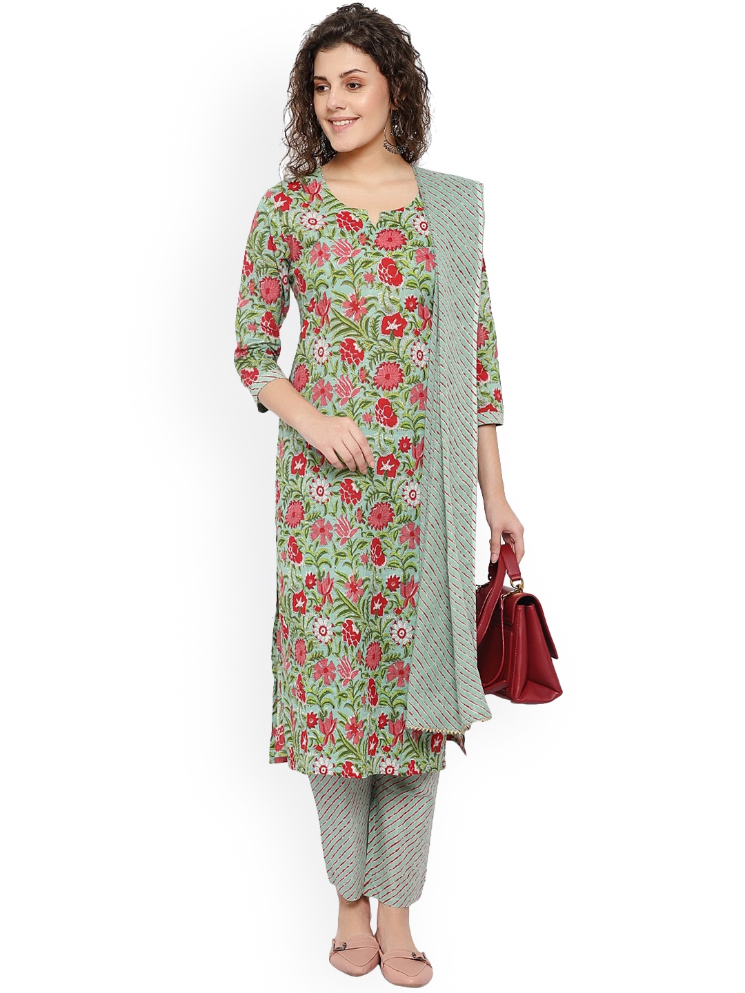 

Alakh Creation Floral Printed Regular Pure Cotton Kurta With Trousers & Dupatta, Green