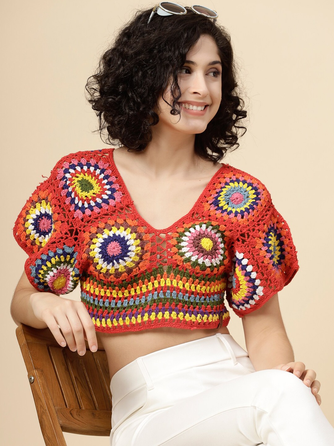 

Velvery Floral Printed Puff Sleeve Cotton Crochet Styled Back Crop Top, Red