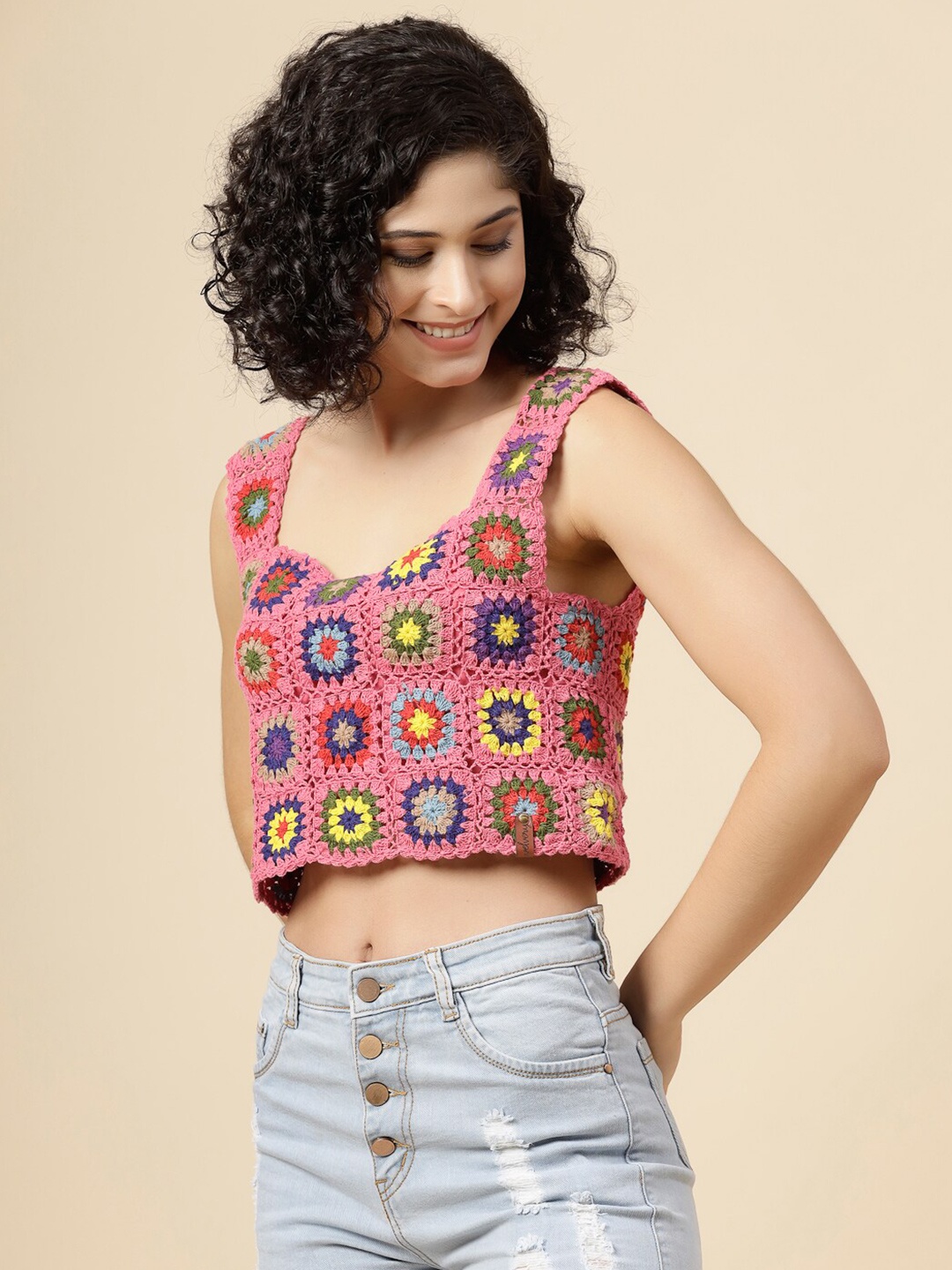 

Velvery Floral Printed Cotton Crochet Crop Top, Pink