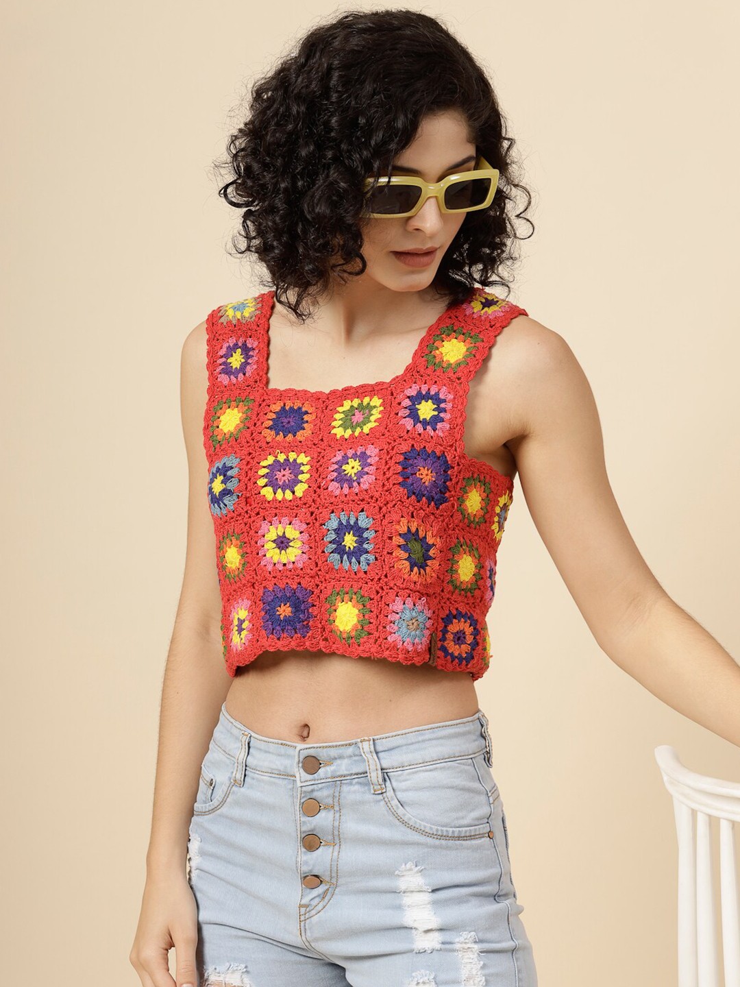 

Velvery Self Design Square Neck Cotton Crochet Crop Top, Red
