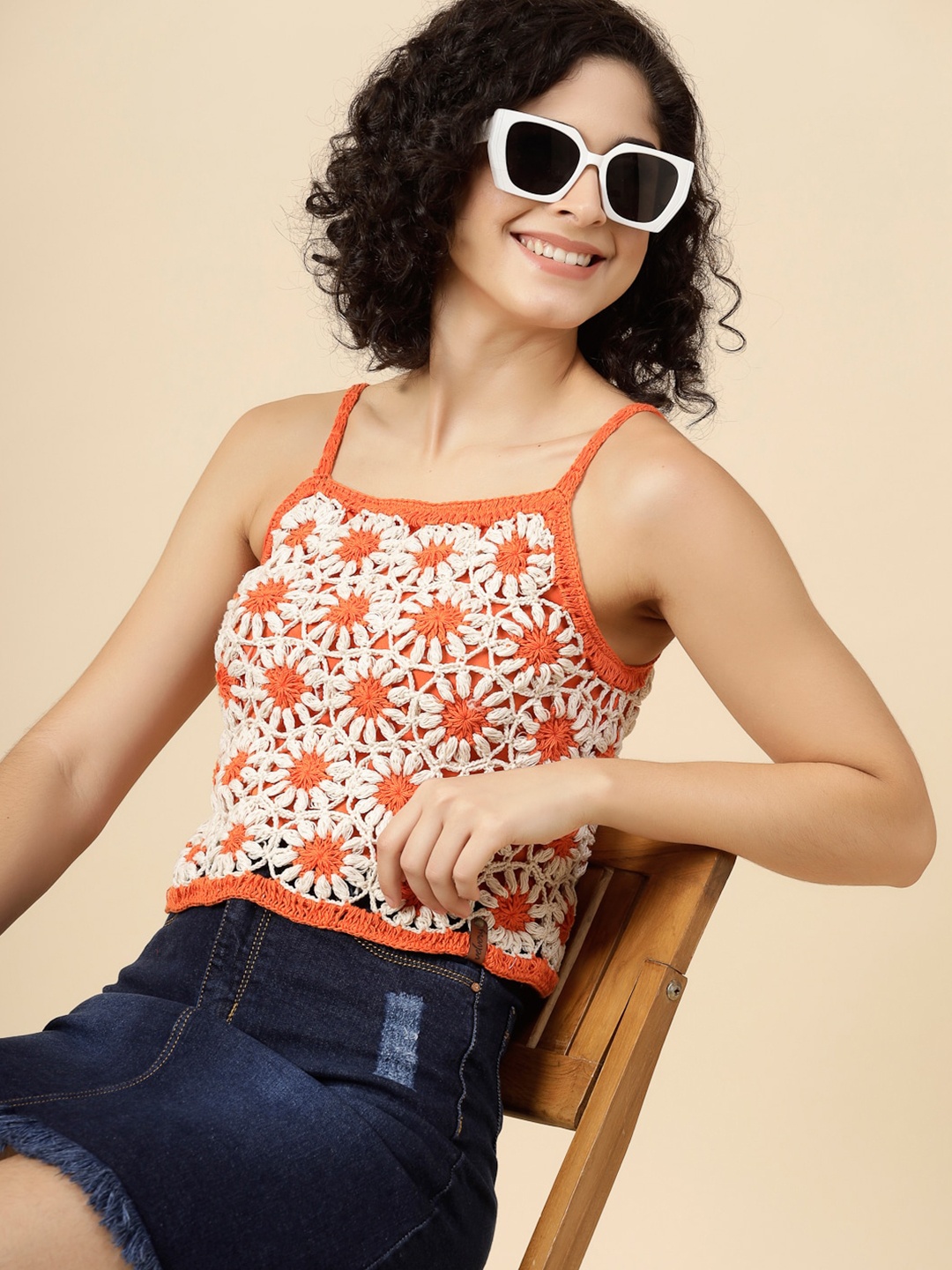 

Velvery Floral Printed Cotton Crochet Crop Top, Orange