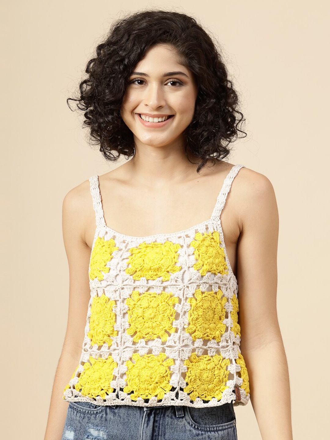 

Velvery Self Design Shoulder Straps Cotton Crochet Crop Top, Yellow