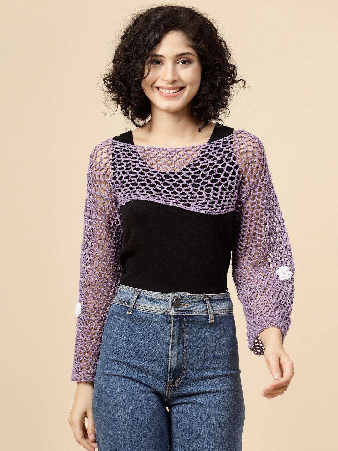 

Velvery Flared Sleeve Cotton Crochet Top, Purple