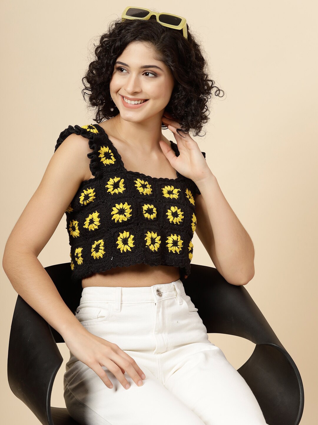 

Velvery Self Design Square Neck Cotton Crochet Crop Top, Black
