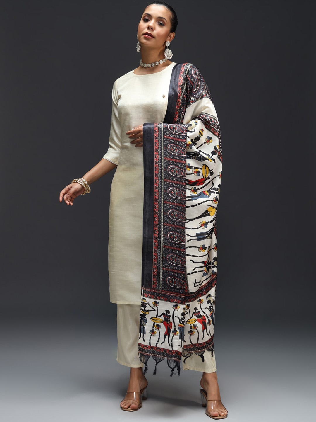 

VredeVogel Regular Kurta Wth Trousers & Dupatta, Cream