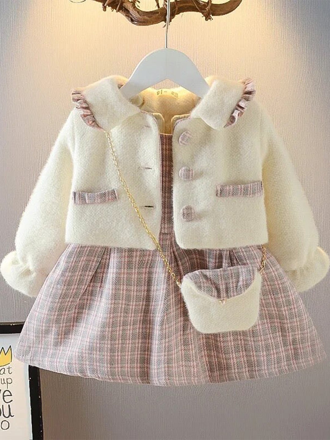 

TrendyKid Girls Checked Long Sleeves Round Neck Cotton A-Line Mini Dress, Off white