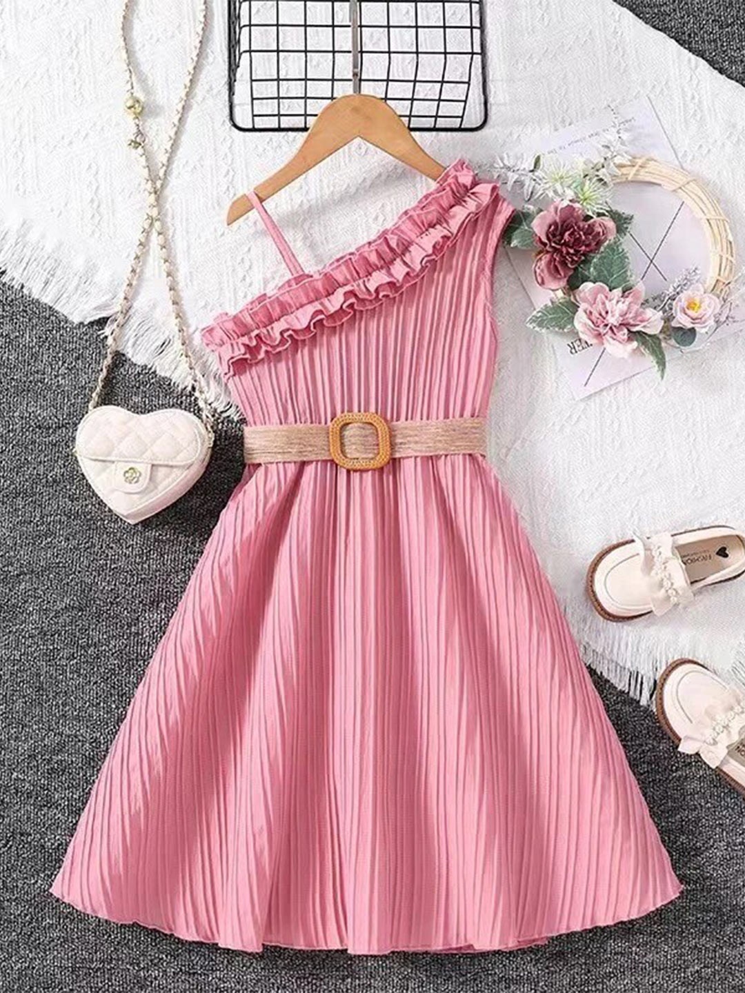 

TrendyKid Striped One Shoulder Cotton Fit & Flare Maxi Dress, Pink