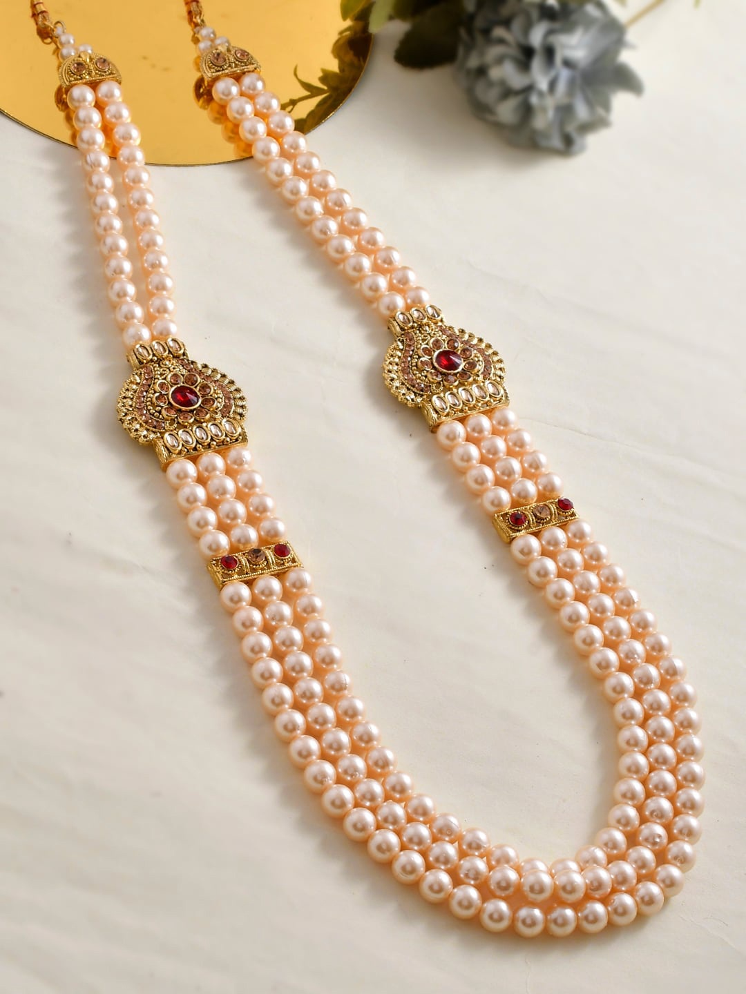 

Sanjog Men Gold-Toned & Red Brass Necklace Dulha Moti Mala Haar Groom Necklace