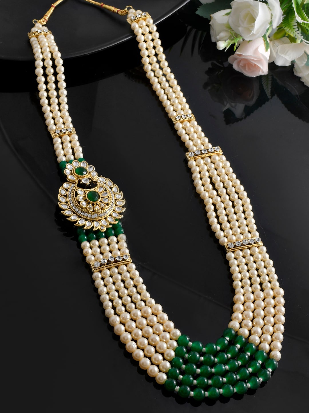 

Sanjog Men Gold-Toned & Green Brass Necklace Dulha Moti Mala Haar Groom Necklace