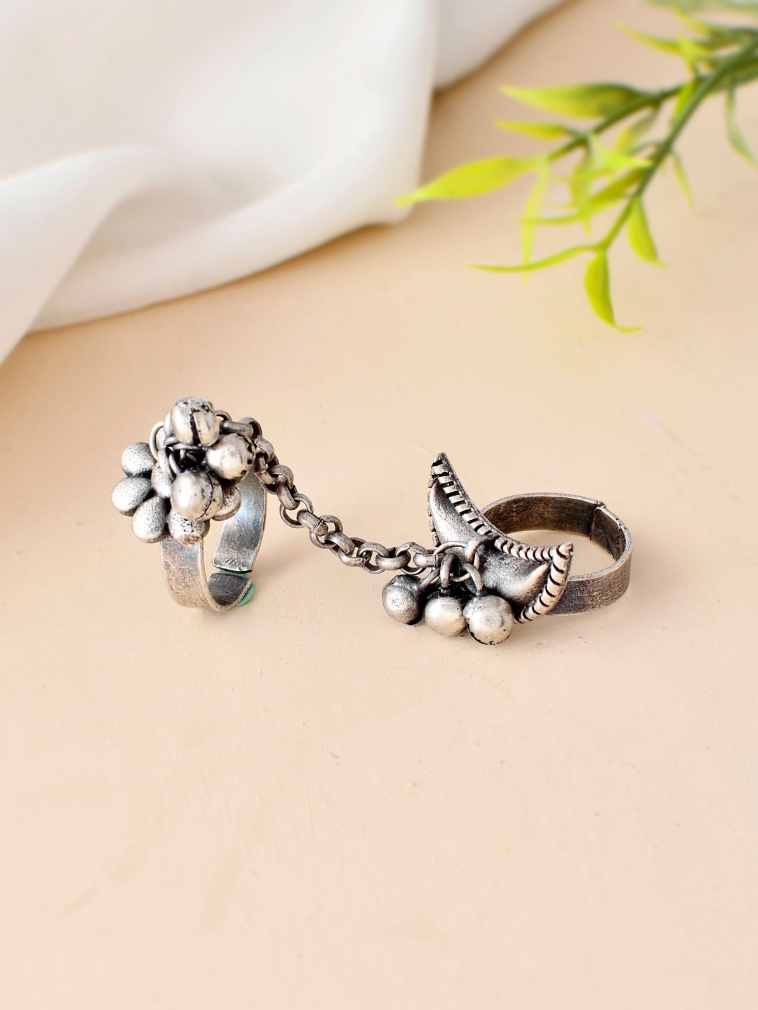 

Sanjog German Silver-Plated Ghungaroo Adjustable Antique Multi-Finger Ring
