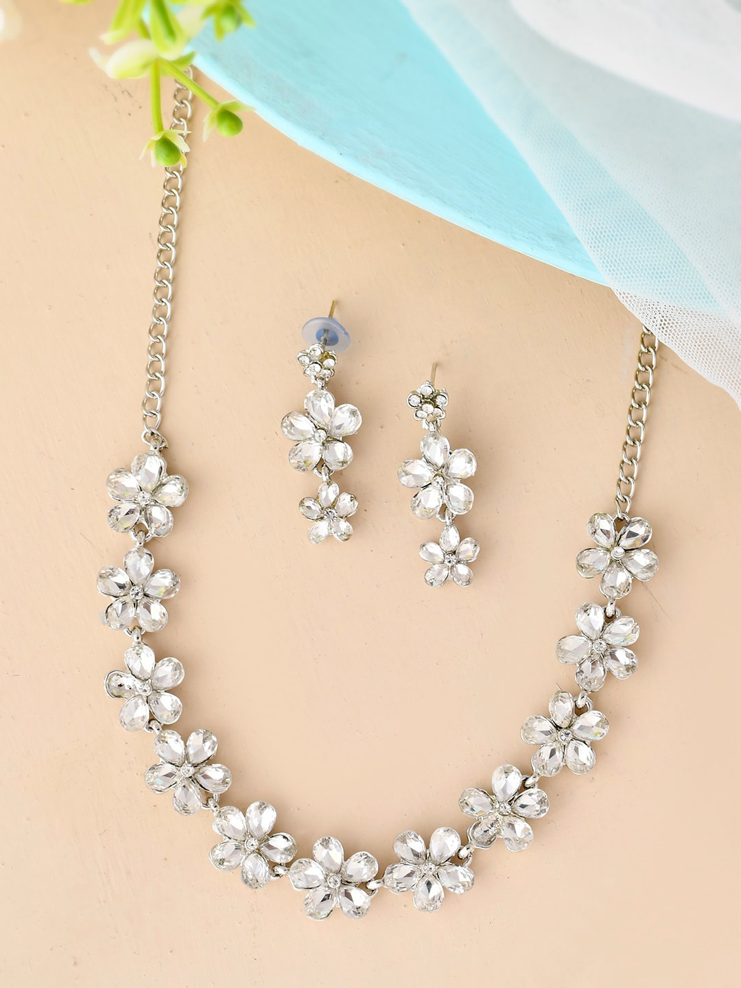 

Sanjog Silver-Plated Cubic Zirconia-Studded Necklace And Earrings