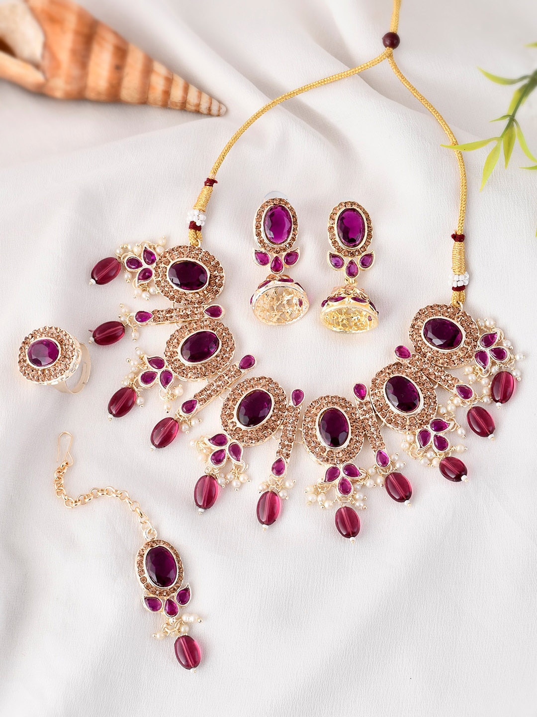 

Sanjog Gold-Plated CZ-Studded Necklace And Earrings With Maang Tika Finger Ring