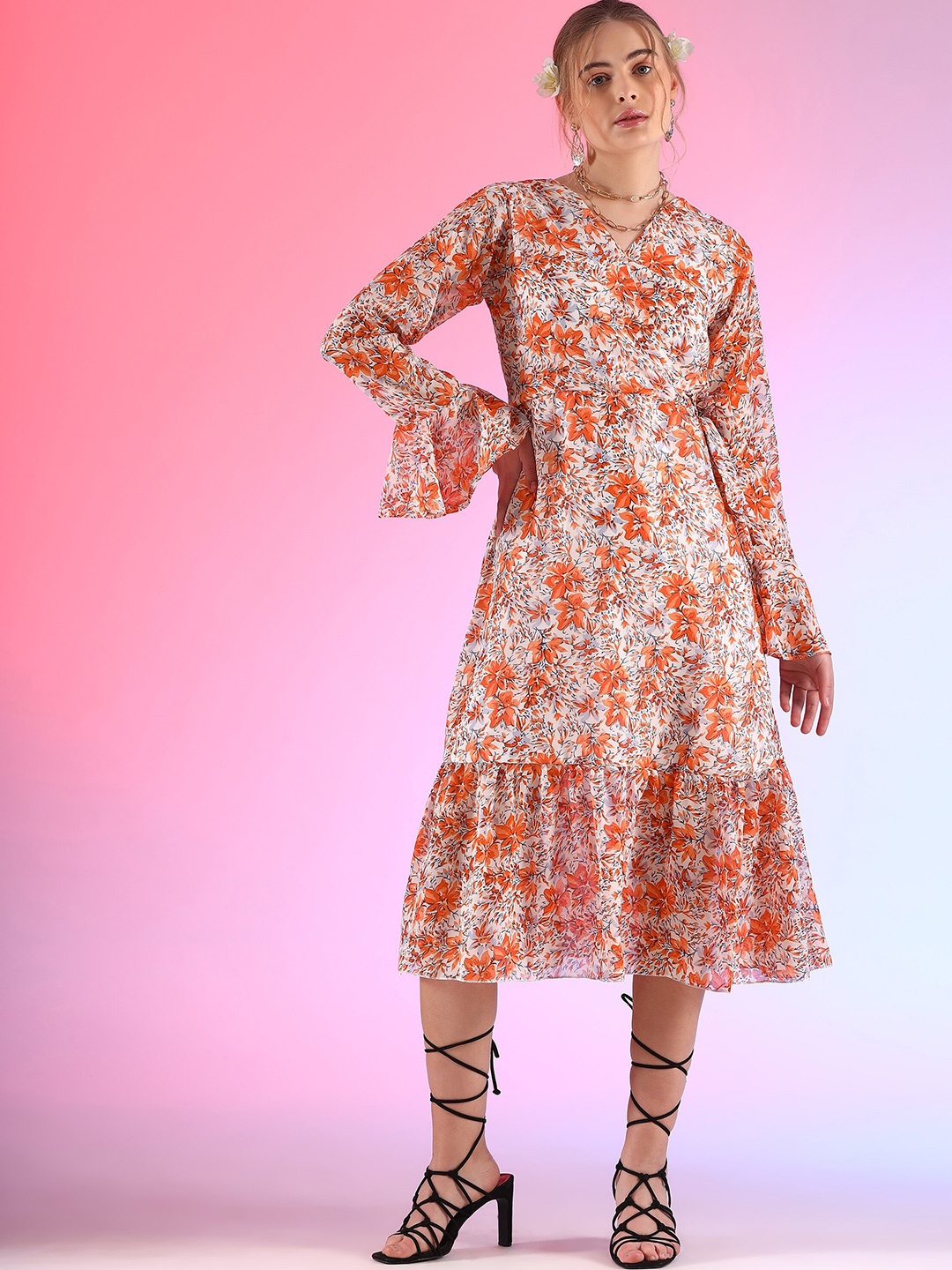 

SHEETAL Associates Floral Printed Bell Sleeve Fit & Flare Midi Dress, White