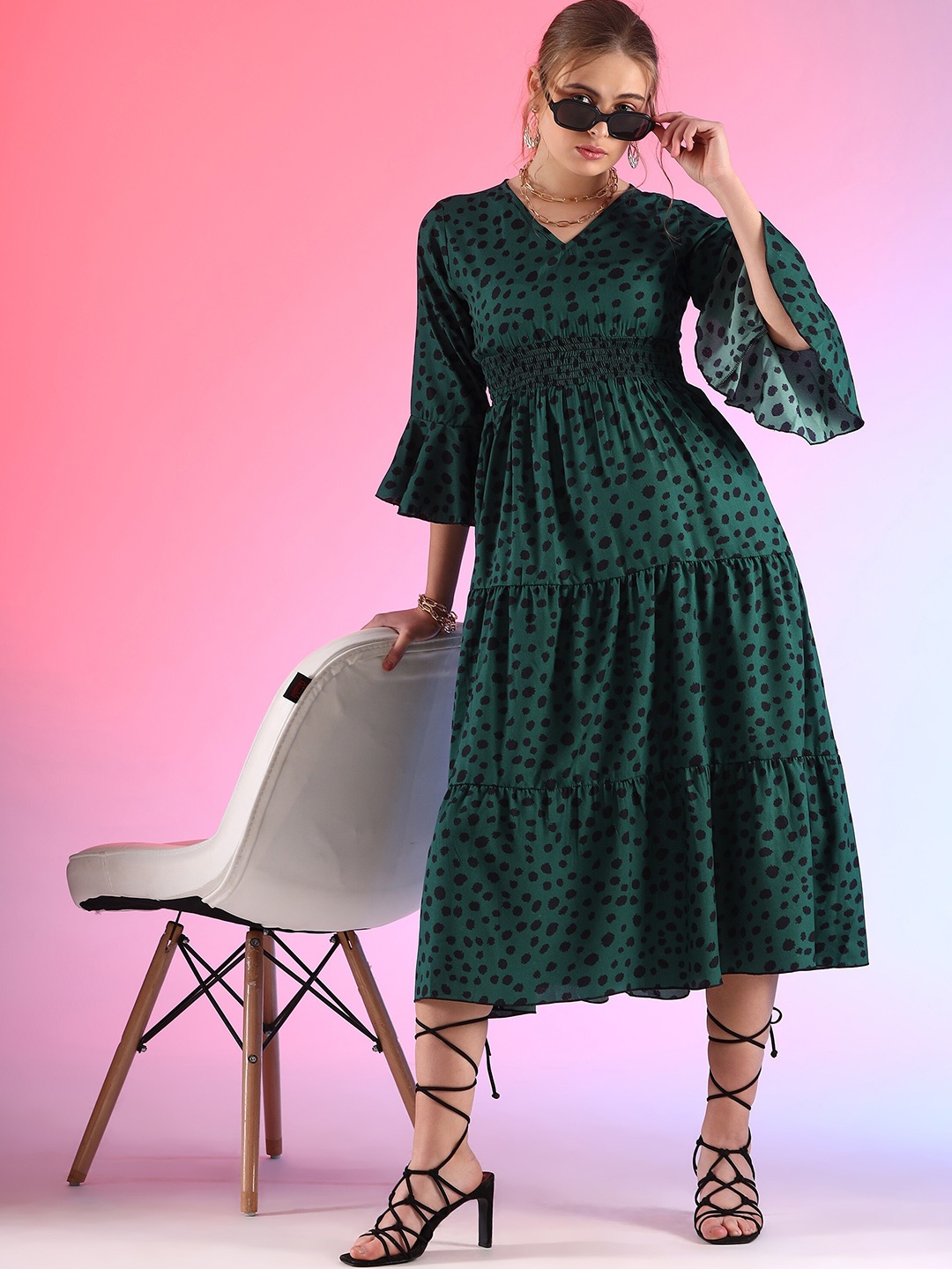 

SHEETAL Associates Printed Bell Sleeve Empire Midi Dress, Green