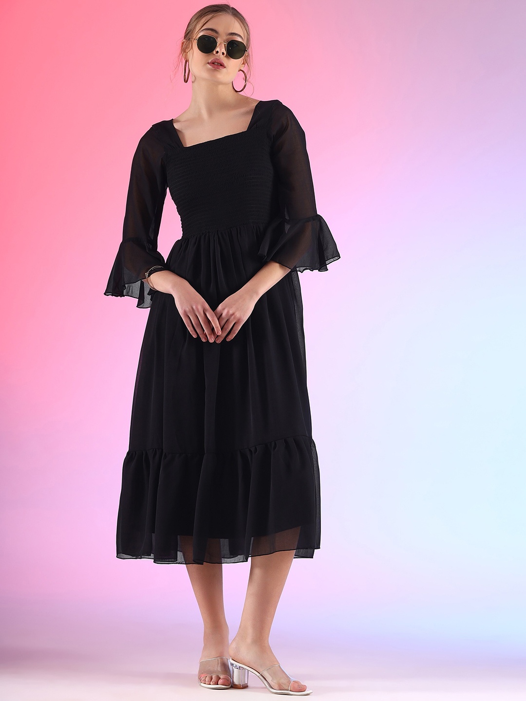 

SHEETAL Associates Bell Sleeves Fit & Flare Midi Dress, Black