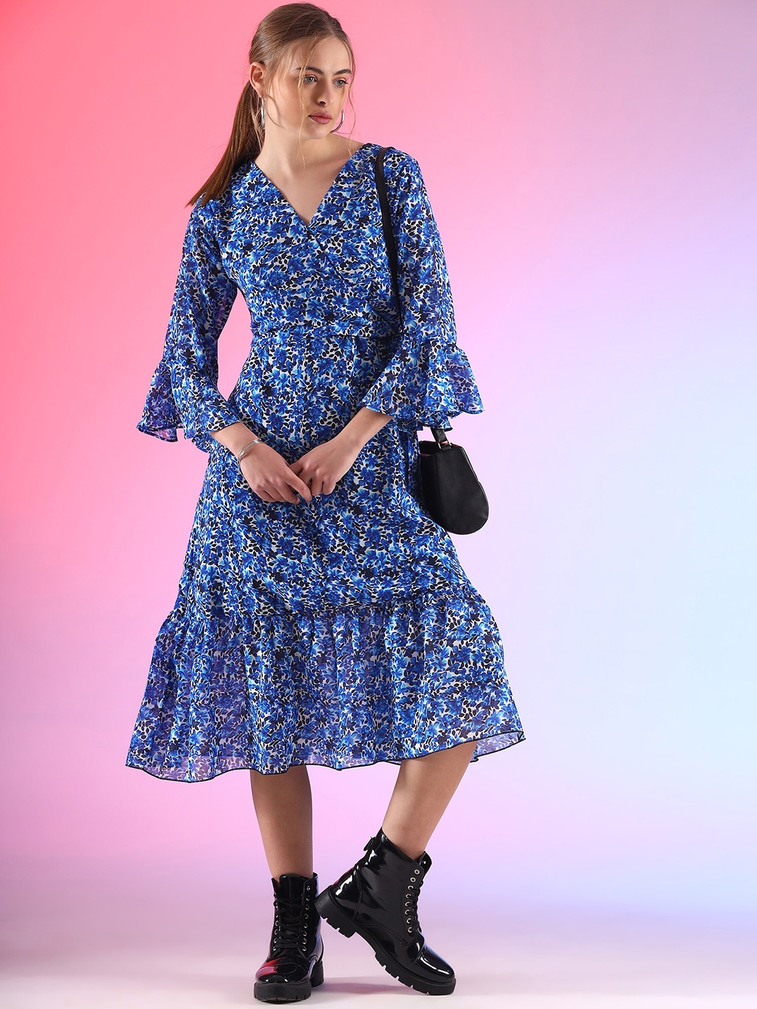 

SHEETAL Associates Floral Print Bell Sleeve Midi Dress, Blue