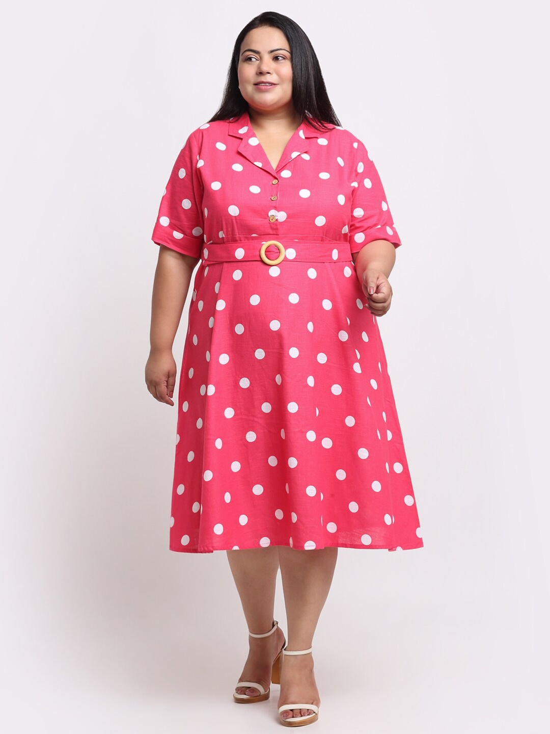 

sindrellastorie Plus Size Polka Dot Printed Fit & Flare Cotton Midi Dress, Pink