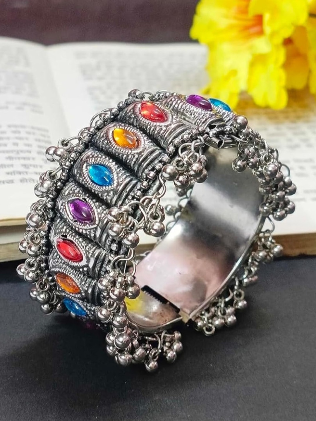 

PRASUB Silver Plated Stone Studded Oxidised Bangle