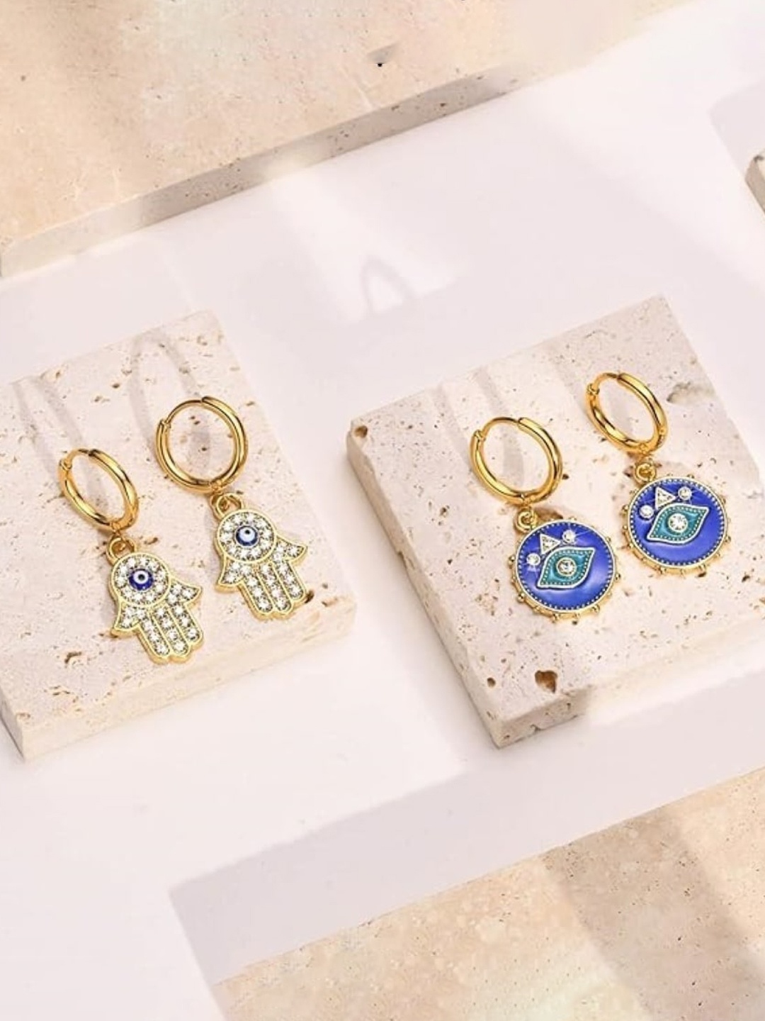 

EL REGALO Set Of 2 Stone Studded Contemporary Drop Earrings, Gold
