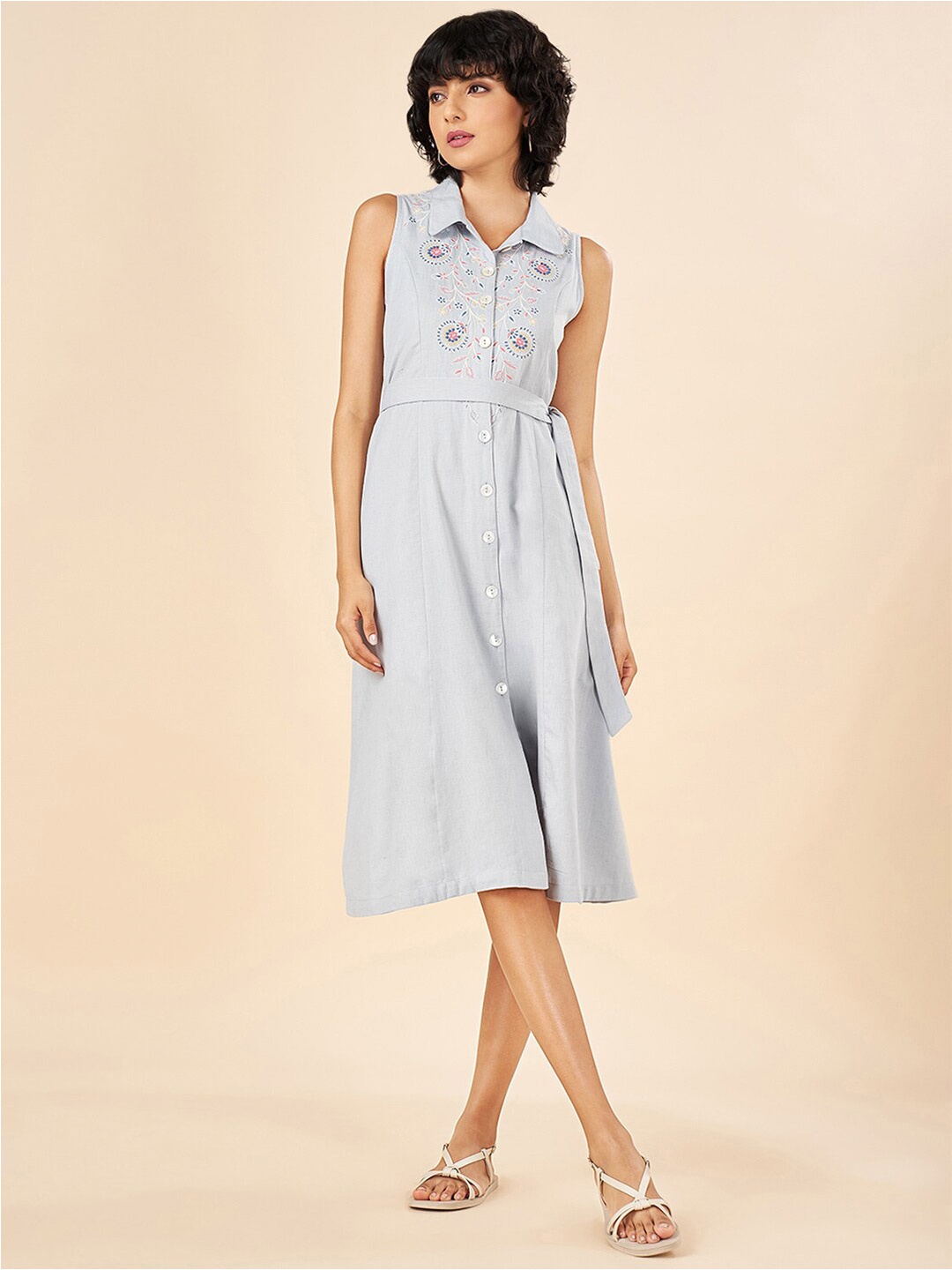 

AKKRITI BY PANTALOONS Striped Straight Button Shirt Collar Cotton Shirt Dress, Steel