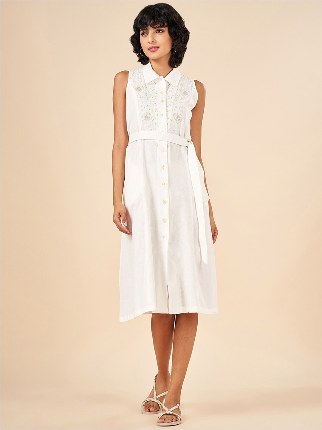 

AKKRITI BY PANTALOONS Floral Embroidered Shirt Midi Dress, Off white