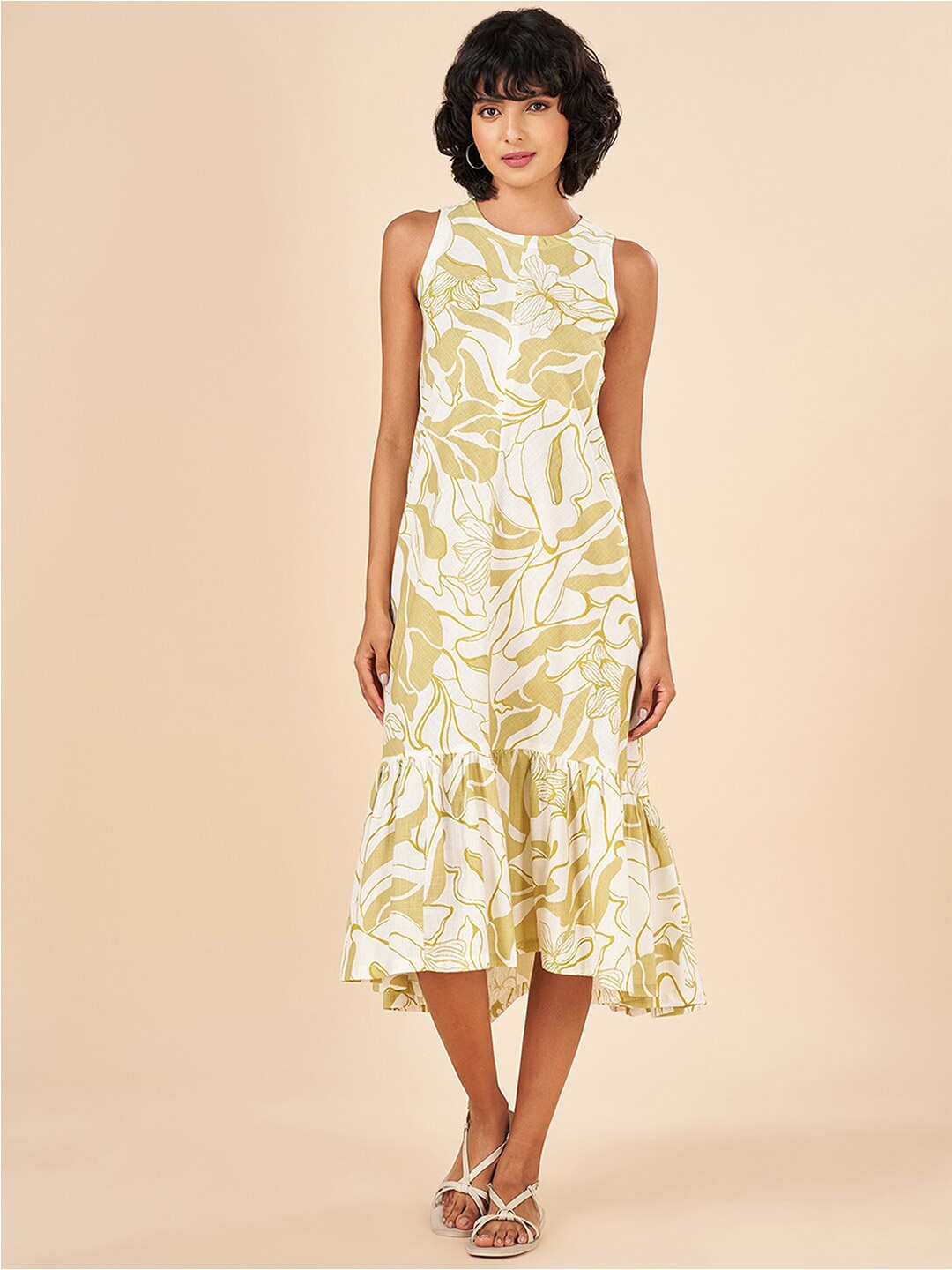 

AKKRITI BY PANTALOONS Floral Print Round Neck Sleeveless A-Line Midi Dress, Green