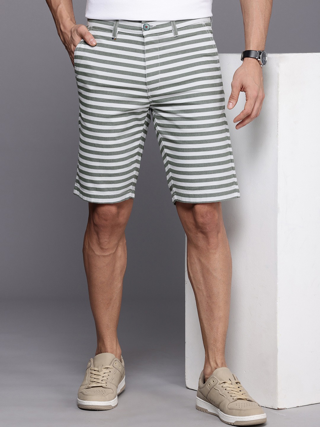 

Louis Philippe Sport Men Striped Slim Fit Chino Shorts, Olive