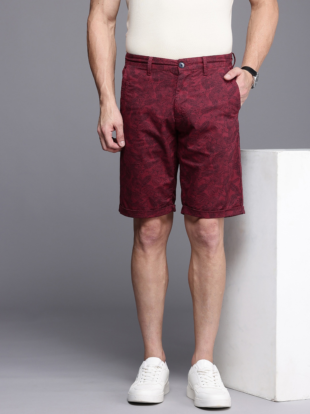 Louis Philippe Sport Men Tropical Printed Chino Shorts, Maroon