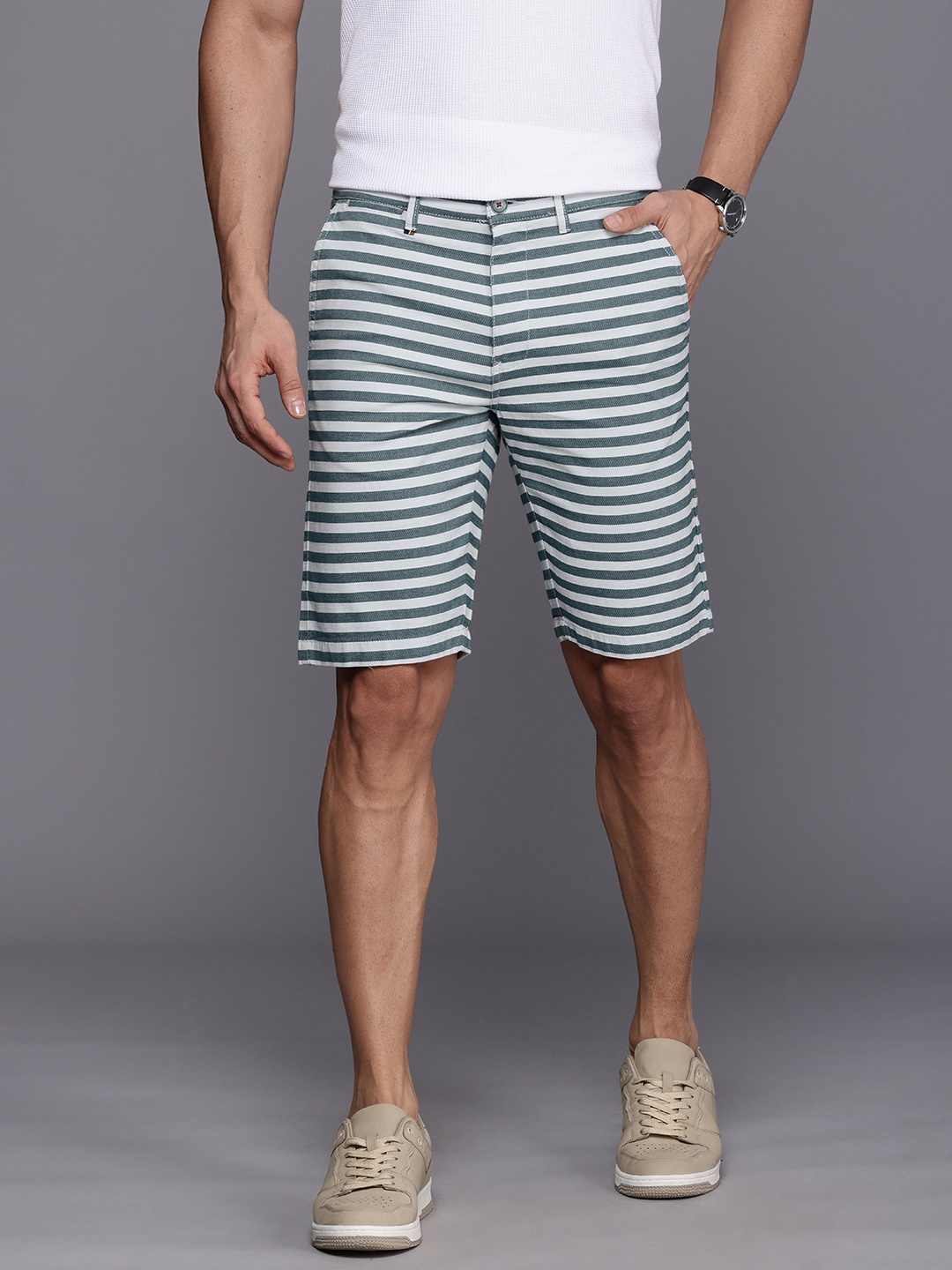 

Louis Philippe Sport Men Striped Slim Fit Chino Shorts, Green