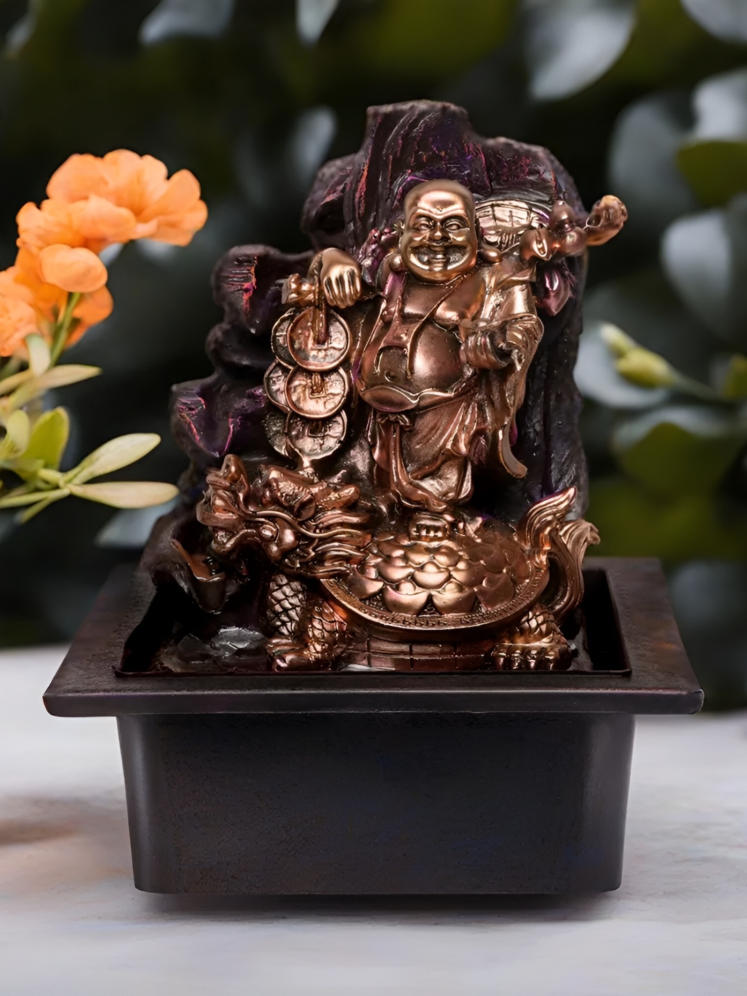 

VIVARS CRAFT Brown Laughing Buddha With Coins And Money Bag Water Fountain