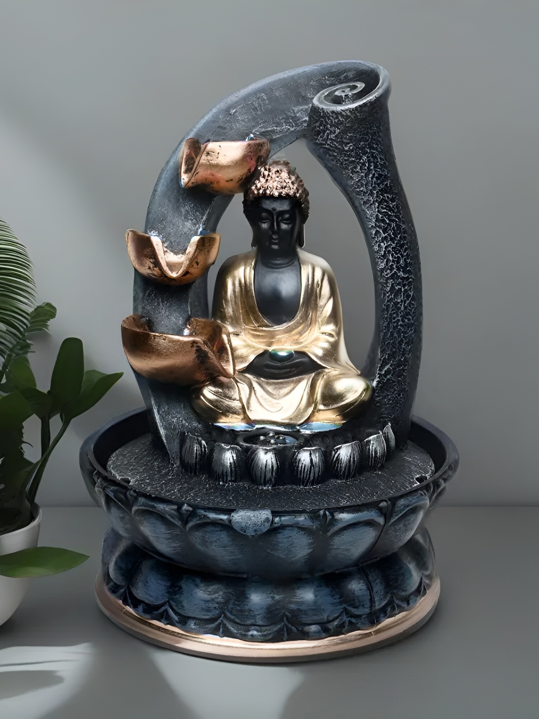 

VIVARS CRAFT Grey Polyresin Meditation Buddha Indoor Fountain With Led Light 3-Tier