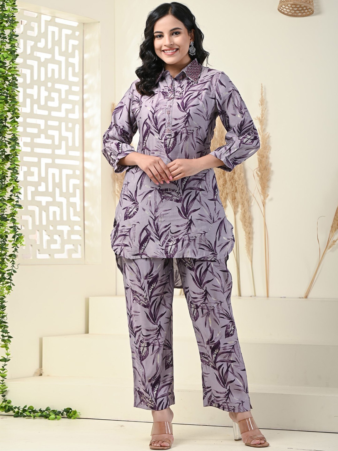 

Swasti Printed Shirt Collar Pure Silk Tunic with Trousers, Purple