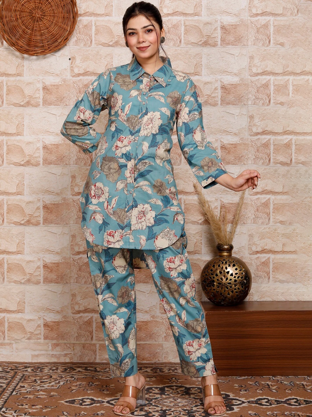 Swasti Printed Collar Neck Pure Cotton Tunic & Trousers, Blue