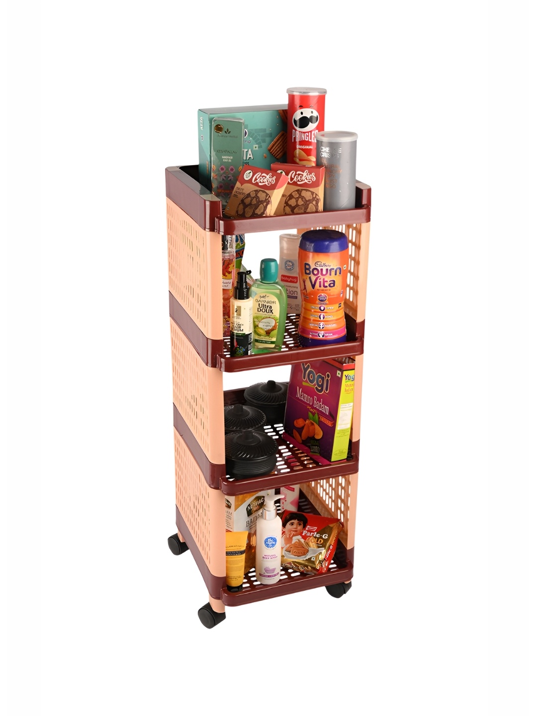

Kuber Industries Brown Multipurpose 4-Shelf Storage Trolley Rack With Wheels