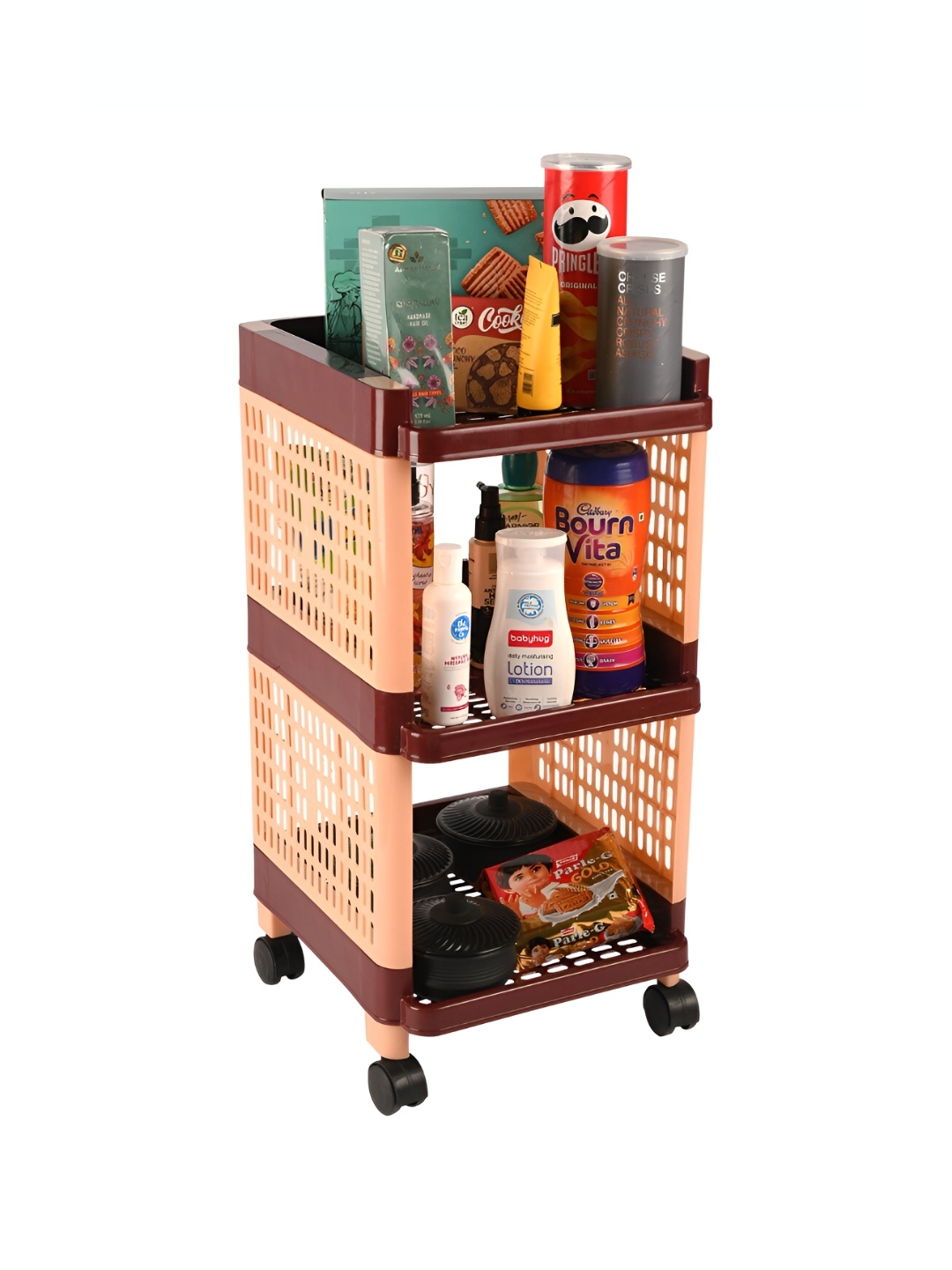 

Kuber Industries Brown Multipurpose 3-Shelf Storage Trolley Rack With Wheels