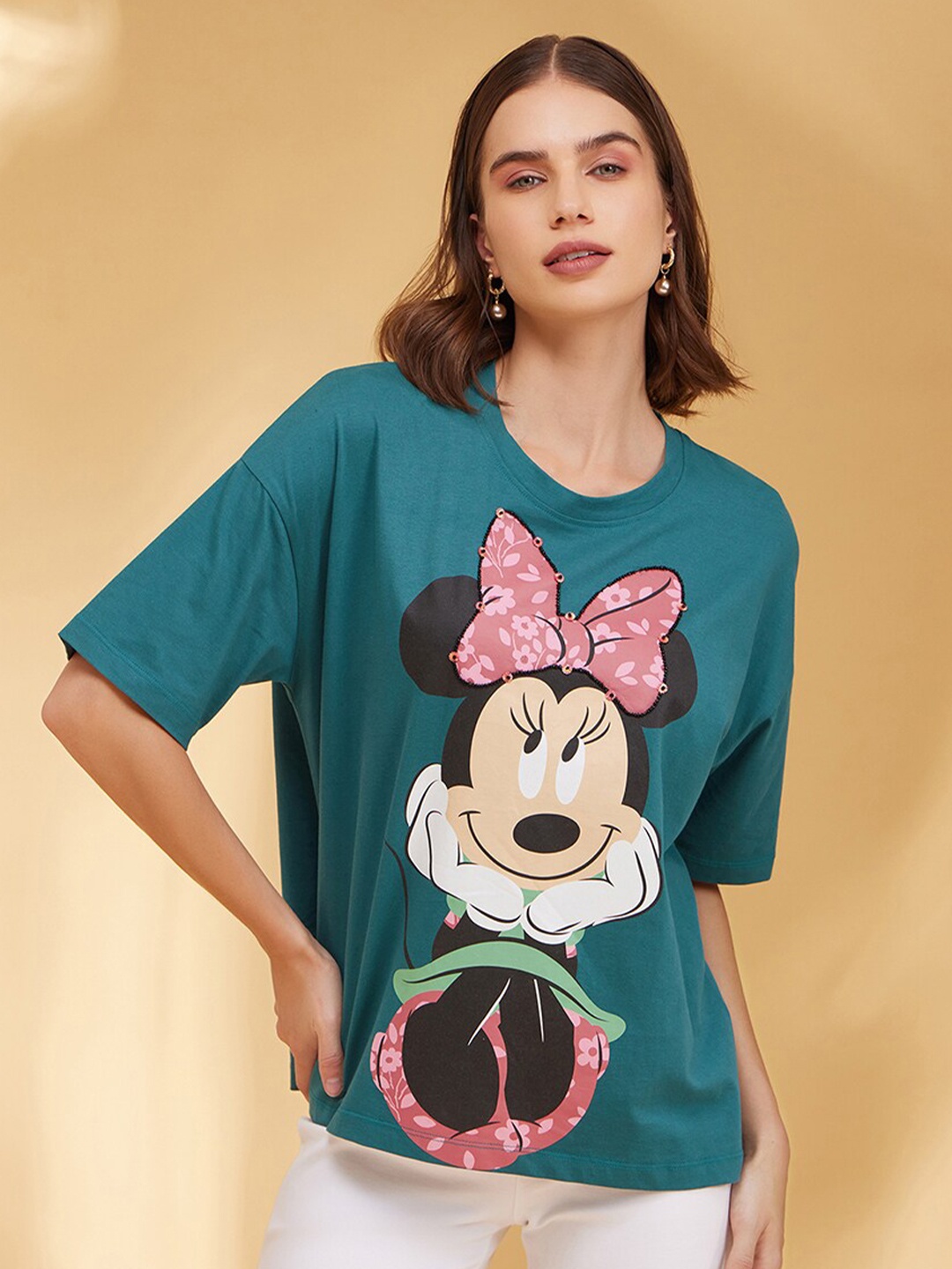 

Kazo Minnie Mouse Graphic Printed Round Neck Short Sleeves Cotton Boxy T-shirt, Green