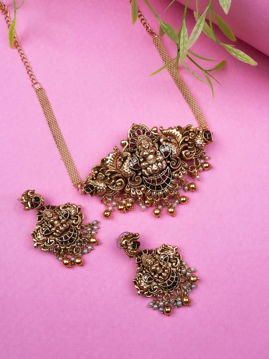 

StileAdda Gold-Plated Stone-Studded & Beaded Temple Jewellery Set