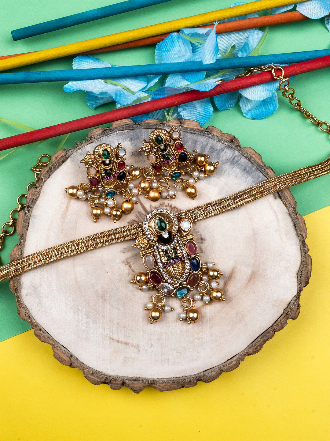 

StileAdda Gold Plated Stone-Studded Lord Tirupati Jewellery Set