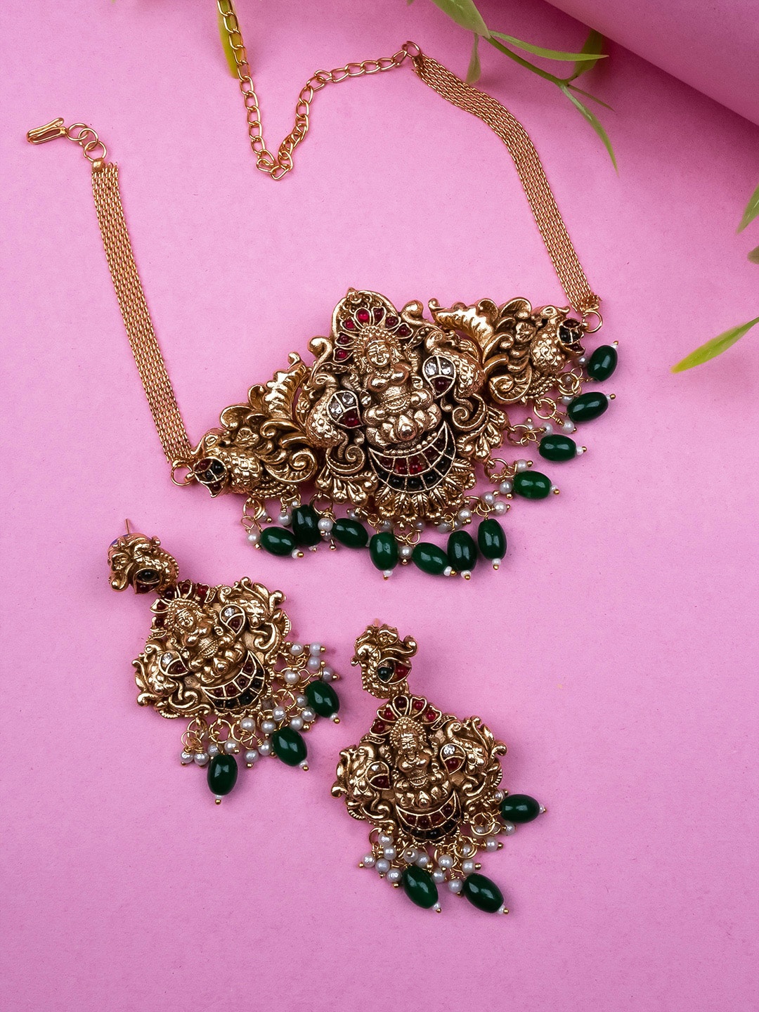 

StileAdda Gold-Plated Stone-Studded Goddess Laxmi Temple Jewellery Set