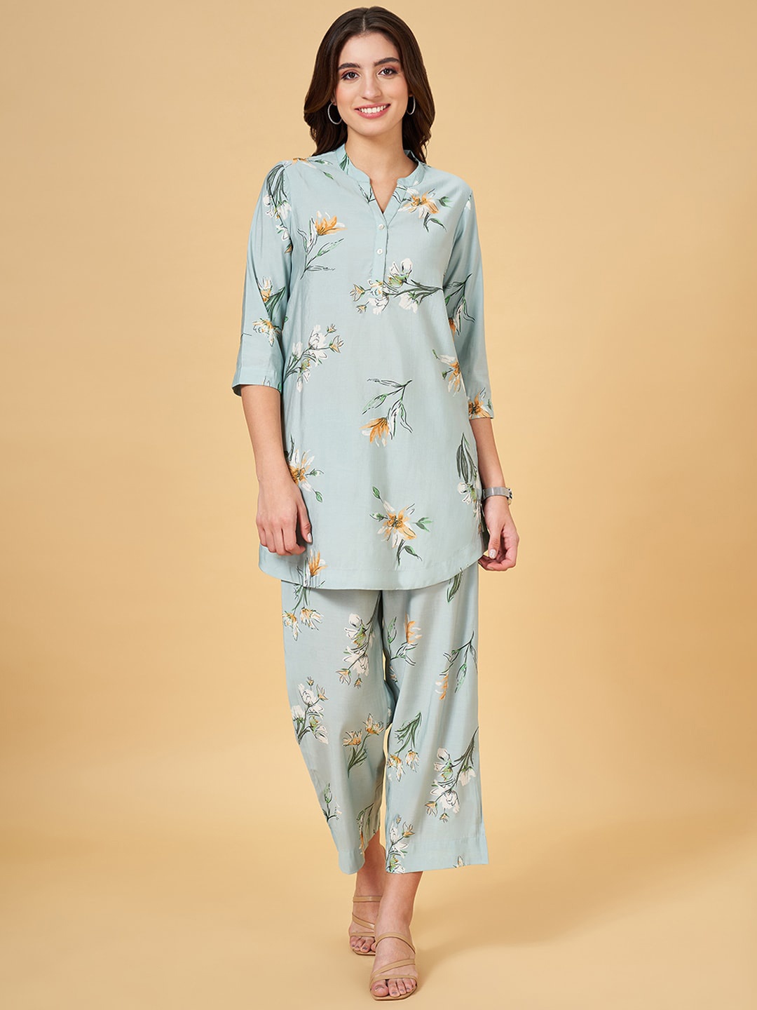 

RANGMANCH BY PANTALOONS Floral Printed Regular Pure Cotton Kurta with Palazzos, Turquoise blue