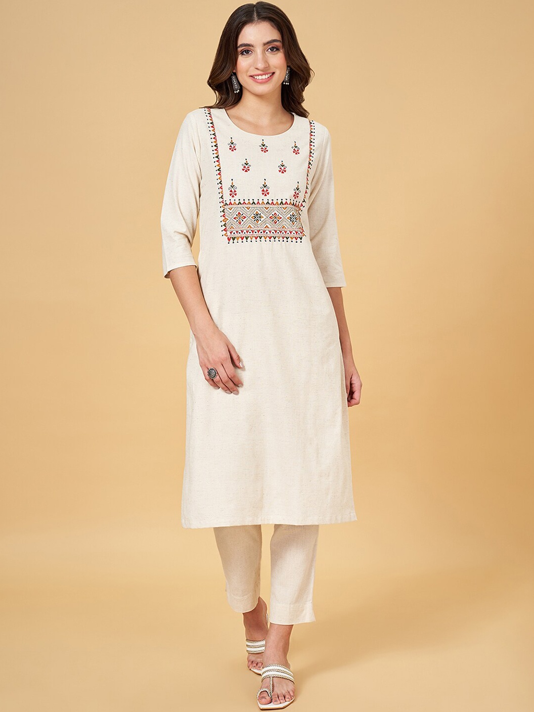 

RANGMANCH BY PANTALOONS Geometric Embroidered Straight Kurta, Brown