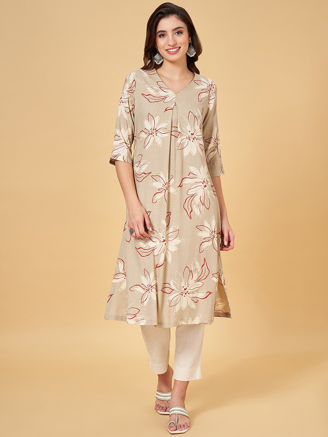 

RANGMANCH BY PANTALOONS Floral Printed A-Line Kurta, Khaki
